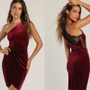 Lulus Women Size XL Luxe Wine Red Lace One Shoulder Velvet Mini Zip Dress Party